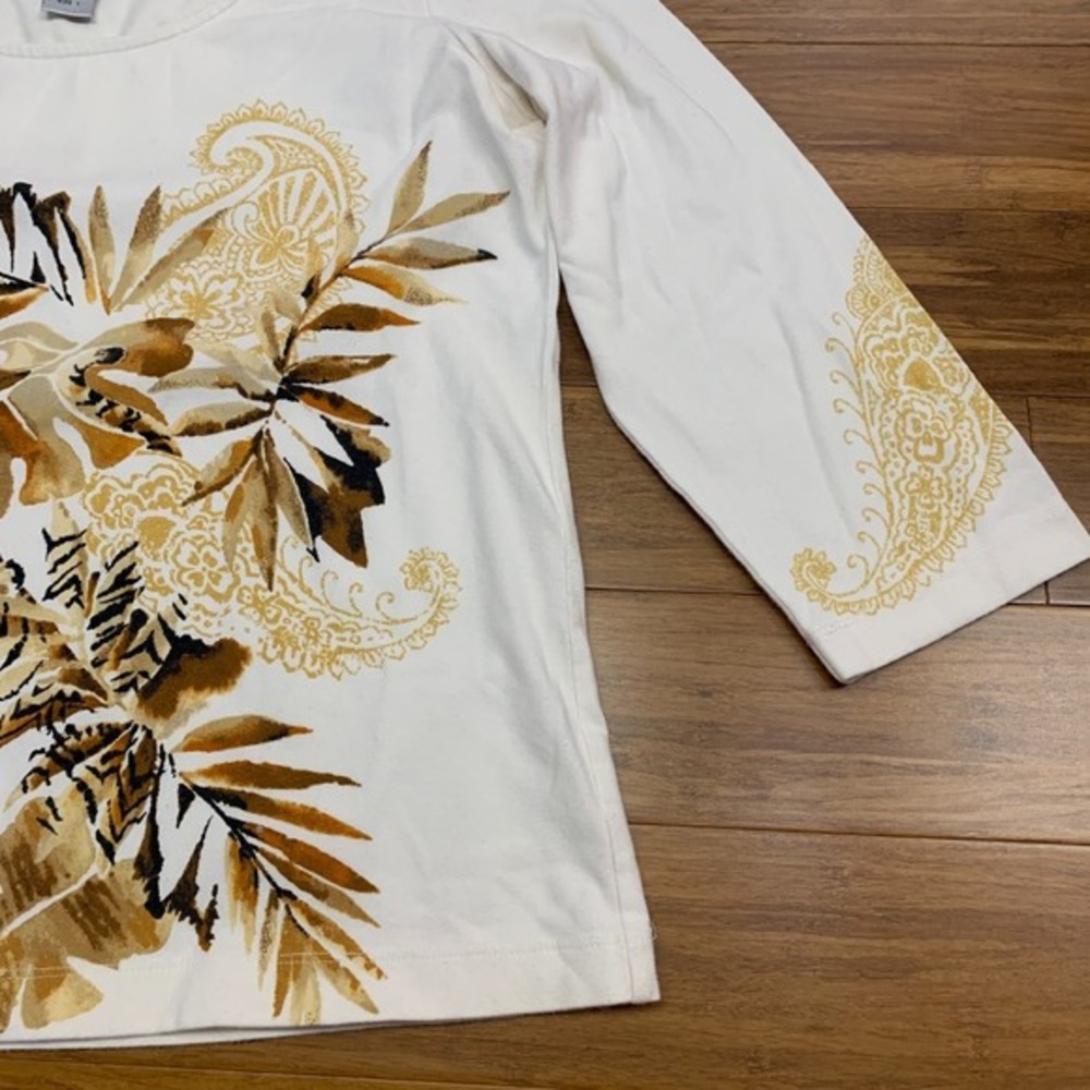Chico's White Blouse with Gold and Brown Botanical Print - Picture 3 of 8